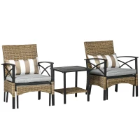 Outsunny 5 Piece PE Rattan Garden Furniture Set, 2 Armchairs,2 Stools, Steel Tabletop with Wicker Shelf, Padded Outdoor Seating, Khaki(m-11)
