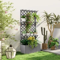 Outsunny Raised Garden Bed, Wooden Planter with Trellis, Hanging Roof, Plant Shelf, Drainage Holes and Bed Liner, Grey(m-8)