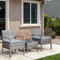 Outsunny 3 Pieces Wicker Patio Furniture Set, Rattan Bistro Set with Coffee Table and Cushions, Outdoor Conversation Set for Garden, Porch, Balcony, Grey(m-8)