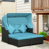 Outsunny Patio Daybed, Outdoor Wicker Double Daybed, PE Rattan Sun Lounger for 2-Person with Cushions, and Foldable Awning, for Garden, Balcony, Poolside, Green(m-8)