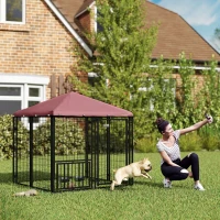 PawHut Welded Wire Outdoor Dog Kennel with 360° Rotating & 4 Levels Adjustable Bowls, Waterproof Cover, 4.6' x 4.6' x 5'(m-2)