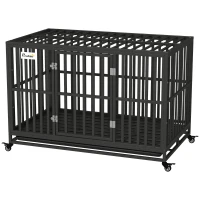 PawHut 49" Heavy Duty Steel Dog Crate Kennel Pet Cage with Wheels for Convenient Access Anti-Pinching Floor, Black(m-2)