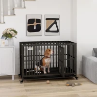 PawHut 49" Heavy Duty Steel Dog Crate Kennel Pet Cage with Wheels for Convenient Access Anti-Pinching Floor, Black(m-1)