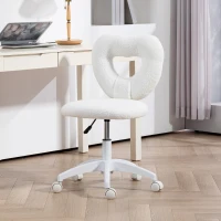 HOMCOM Armless Computer Desk Chair, Office Task Chair, Teddy Fleece Heart Makeup Vanity Chair with Swivel Wheels, White(m-10)