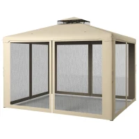 Outsunny 9.6' x 11.6' Patio Gazebo Outdoor Canopy Shelter with 2-Tier Roof and Netting, Steel Frame for Garden, Taupe(m-11)