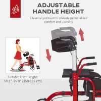 HOMCOM Rollator Walker with Seat, Folding Rolling Walker with 8" Wheels, Walker for Seniors with Adjustable Height, Red(m-5)