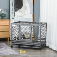 PawHut Heavy Duty Dog Crate w/ Wheels, Openable Top, Removable Tray, Bowl, for Large Dogs-Sized Dogs, 36.4" x 24.4" x 31.1"(m-8)