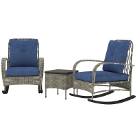 Outsunny 3 Piece Wicker Patio Furniture Set, Outdoor PE Rattan Rocking Chairs with Coffee Table, Cushions for Porch, Gray(m-1)