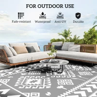 Outsunny Reversible Outdoor Rug, Waterproof Plastic Straw with Carry Bag, 9' x 12', Gray & White Rhombus Patchwork(m-6)