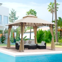 Outsunny 10' x 10' Outdoor Patio Gazebo Canopy Tent with Mesh Sidewalls, 2-Tier Canopy for Backyard, Beige(m-10)