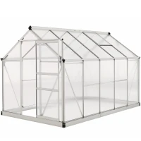 Outsunny 6' x 10' x 6.6' Polycarbonate Greenhouse, Walk-In Green House Kit Garden, Plants Grow, Galvanized Sheet Aluminum Frame with Rain Gutter, Vents and Sliding Door, Sliver(m-2)
