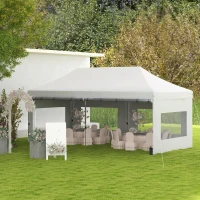 Outsunny 20' x 10' Folding Pop Up Canopy Tent with Sidewalls,  Windows, Weight Bags and Carrying Bag, White(m-8)