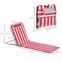 Outsunny Set of 2 Beach Lounge Chair Sun Lounger, Folding Ground Beach Mat w/ Adjustable Back, Steel Frame, Head Pillow and Carry Bag for Backyard Lakeside, Red and White(m-3)