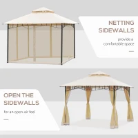 Outsunny 10' x 10' Outdoor Patio Gazebo Canopy Tent with Mesh Sidewalls, 2-Tier Canopy for Backyard, Beige(m-6)