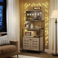 HOMCOM Baker's Rack with Power Outlet and Storage Shelves, Microwave Stand with Louvred Door Cabinets, Gray Wood Grain(m-7)