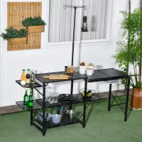 Outsunny Folding Camping Kitchen, Portable Aluminum Cook Station with Carrying Bag, 3 Side Tables, 2 Shelves for BBQ, Black(m-8)