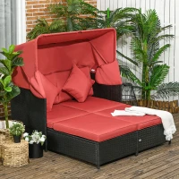 Outsunny Patio Daybed, Outdoor Wicker Double Daybed, PE Rattan Sun Lounger for 2-Person with Cushions, and Foldable Awning, for Garden, Balcony, Poolside, Red(m-8)