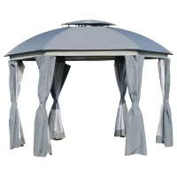 Outsunny 12' x 12' Round Outdoor Gazebo, Patio Dome Gazebo Canopy Shelter with Double Roof, Netting Sidewalls and Curtains, Zippered Doors, Strong Steel Frame, Gray(m-11)