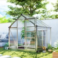 Outsunny 6' x 6' x 6.6' Polycarbonate Greenhouse, Walk-In Green House Kit Garden, Plants Grow, Galvanized Sheet Aluminum Frame with Rain Gutter, Vent and Sliding Door, Silver(m-10)