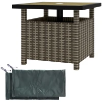 Outsunny 22" Square Steel PE Rattan Wicker Table With Umbrella Hole, Outdoor Patio Accent Dining Side Table Used as Umbrella Stand, Mixed-Grey(m-2)