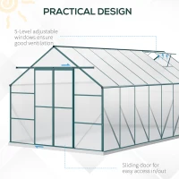 Outsunny 16' x 8' Aluminum Polycarbonate Greenhouse Walk-in Garden Greenhouse Kit with Adjustable Roof Vent, Rain Gutter and Sliding Door for Winter, Green(m-5)