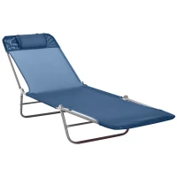 Outsunny Outdoor Lounge Chair, Portable Adjustable Reclining Seat Folding Chaise Lounge Patio Camping Beach Tanning Chair Bed with Pillow, Dark Blue(m-11)