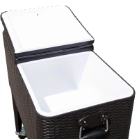 Outsunny 80 Quart Rattan Rolling Cooler Cart Portable Patio Ice Beer Beverage Cooling Bin for Outdoor Party w/ Bottle Opener, Brown Wicker(m-9)