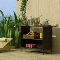 Outsunny Wicker Outdoor Bar Table, PE Rattan Bar Height Patio Table with 2 Shelves, Steel Frame for Garden, Backyard, Dark Brown(m-8)