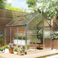 Outsunny 6' x 6' x 6.6' Polycarbonate Greenhouse, Walk-In Green House Kit Garden, Plants Grow, Galvanized Sheet Aluminum Frame with Rain Gutter, Vent and Sliding Door, Silver