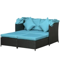 Outsunny Patio Daybed, Outdoor Wicker Double Daybed, PE Rattan Sun Lounger for 2-Person with Cushions, and Foldable Awning, for Garden, Balcony, Poolside, Green(m-11)