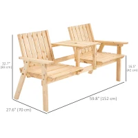 Outsunny Garden Bench for 2 Persons with Middle Table and Umbrella Hole, 2-Seater Outdoor Wooden Bench with Slat Design, Natural(m-3)
