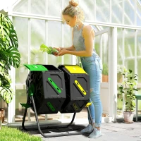 Outsunny Rotating Composter, Dual Chamber Compost Bin with 24 Vents and Steel Legs, 34.5 Gallon, Yellow and Green(m-1)