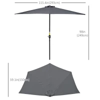 Outsunny 9.8ft Half Umbrella Semi Round Patio Parasol with Crank Handle, Top Vent for Garden, Balcony- NO BASE INCLUDED, Grey(m-3)