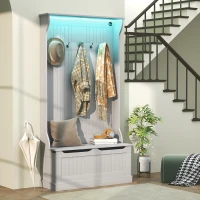 HOMCOM 3-In-1 Entryway Bench with LED Lights and Coat Rack, Hall Tree with Bench and Shoe Storage, 5 Hooks for Hallway Gray(m-10)