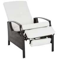 Outsunny Outdoor Rattan Recliner Chair, Wicker Reclining Chair with Adjustable Back Retractable Footrest Cushion White(m-2)