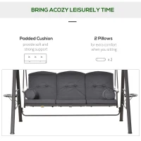 Outsunny Outdoor Patio 3-Person Steel Canopy Cushioned Seat Bench Swing with Included Side Trays & Padded Comfort, Dark Grey(m-4)