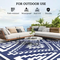 Outsunny Reversible Outdoor Rug, Waterproof Plastic Straw with Carry Bag, 9' x 18', Blue & White Square Patchwork(m-6)