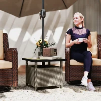 Outsunny 22" Square Steel PE Rattan Wicker Table With Umbrella Hole, Outdoor Patio Accent Dining Side Table Used as Umbrella Stand, Mixed-Grey(m-1)