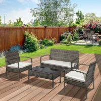 Outsunny 4 Pieces Patio Furniture Sets with A Loveseat, Two Armchairs and A Coffee Table, Outdoor Conversation Set with Glass Top Table, Grey PE Rattan and Cream White Cushions(m-8)