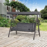 Outsunny Outdoor Patio 3-Person Steel Canopy Cushioned Seat Bench Swing with Included Side Trays & Padded Comfort, Dark Grey(m-8)