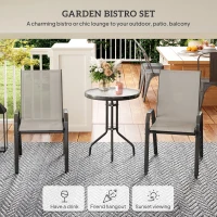 Outsunny 3 Pieces Bistro Set, Small Patio Furniture Set with Stackable Mesh Chairs, Glass Table for Garden, Balcony, Light Grey(m-4)