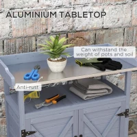Outsunny Outdoor Wooden Potting Bench with Storage Cabinet, Aluminum Tabletop, Rubber Wheels for Backyard, Patio, Balcony, Grey(m-4)