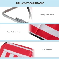 Outsunny Set of 2 Beach Lounge Chair Sun Lounger, Folding Ground Beach Mat w/ Adjustable Back, Steel Frame, Head Pillow and Carry Bag for Backyard Lakeside, Red and White(m-6)