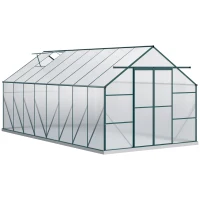 Outsunny 16' x 8' Aluminum Polycarbonate Greenhouse Walk-in Garden Greenhouse Kit with Adjustable Roof Vent, Rain Gutter and Sliding Door for Winter, Green(m-2)