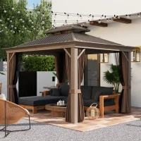 Outsunny 10' x 12' Hardtop Gazebo with Curtains and Netting, Permanent Pavilion Metal Double Roof Gazebo Canopy with Aluminum Frame and Hooks, for Garden, Patio, Backyard, Dark Brown(m-10)