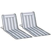 Outsunny 2 Pieces Beach Lounge Chair, Outdoor Folding Chaise Lounge Set w/ Pillow for Sunbath, Snap, Light Grey and White(m-11)