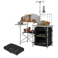 Outsunny Camping Kitchen Table, Aluminum Folding Camping Table with Storage Organizer, Windshield, Light Stand, Bag, Silver(m-2)