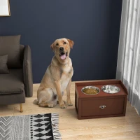 PawHut Elevated Dog Bowls Raised Pet Feeding Station with Storage 2 Stainless Steel Bowls, 23.6"x11.8" x14.2", Brown(m-1)