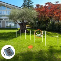 PawHut 5 Pieces Dog Agility Training Equipment with Disc, Whistle, Weaves Poles, Adjustable Jumping Poles, Food Bag, Carry Bag(m-8)