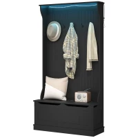 HOMCOM 3-In-1 Entryway Bench with LED Lights and Coat Rack, Hall Tree with Bench and Shoe Storage, 5 Hooks for Hallway Black(m-1)